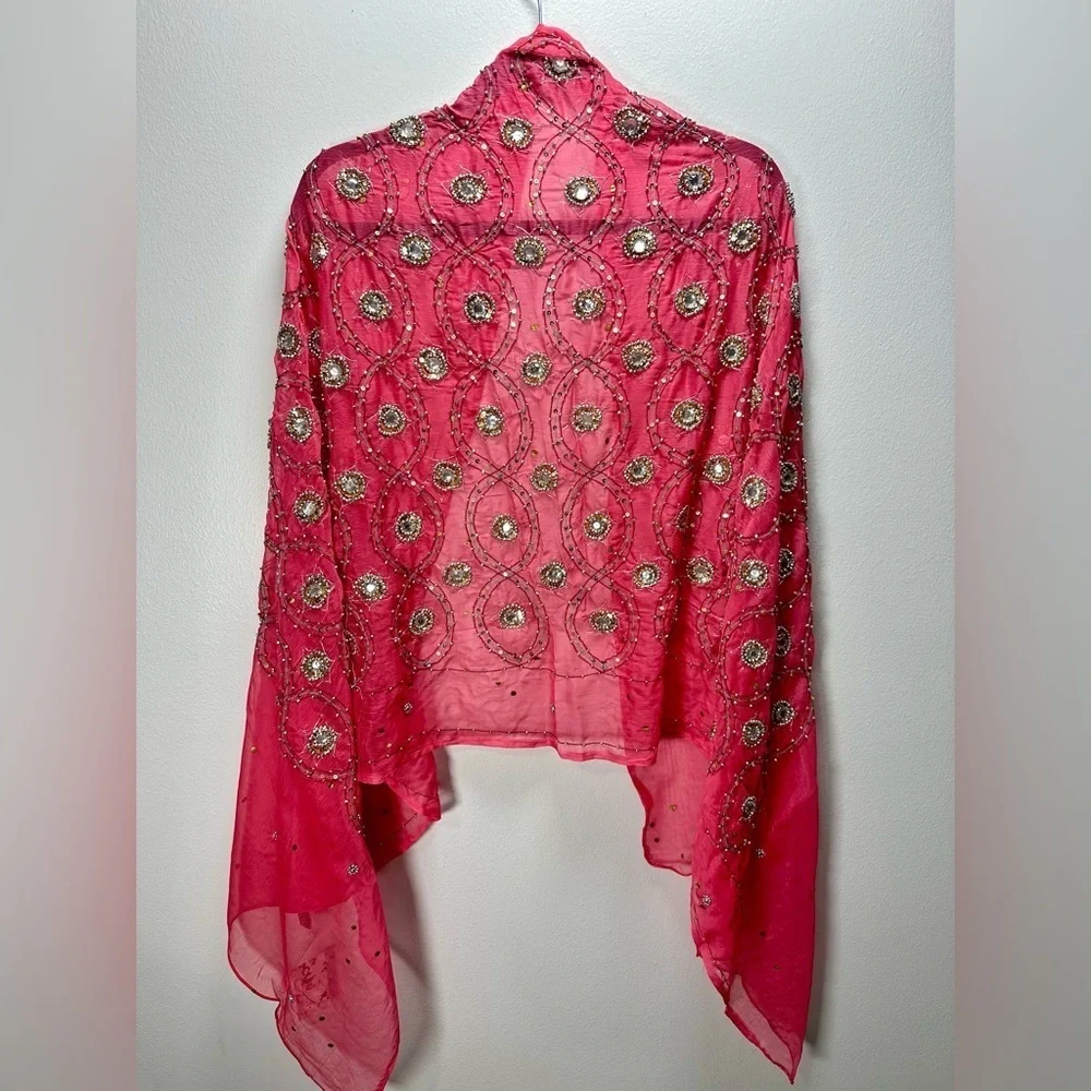 Raj Pink Silk with Gold Embellishments Embroidered Scarf Stunning! 70” x 32”